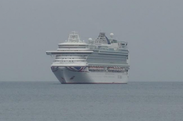 P. & O. cruise ship anchored in Babbacombe Bay.