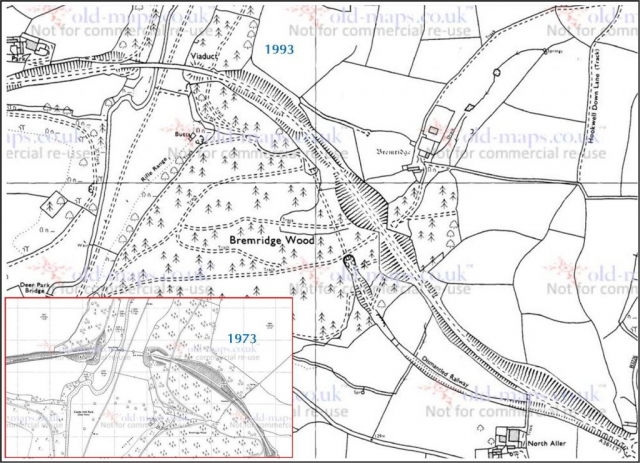The 1993 survey shows how the road avoided the railway tunnel. The inset shows the railway's approach to the viaduct. Devon & Somerset Railway