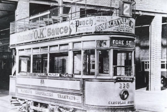 Motor buses started taking over the tram routes in 1930; one can be seen in the background. The last tram ran to this depot in 1945. Plymouth Corporation Tramways