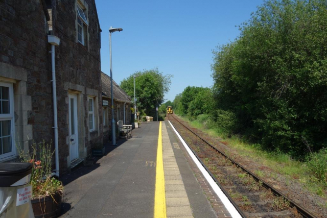 The train heads towards Barnstaple. Morchard Road Station