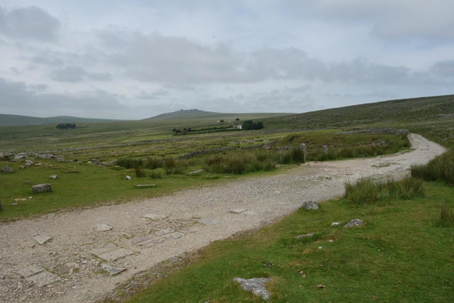 The tramway went as far as Yellowmeade, seen at centre. Just beyond, a white van can be seen on the B3357. Foggintor